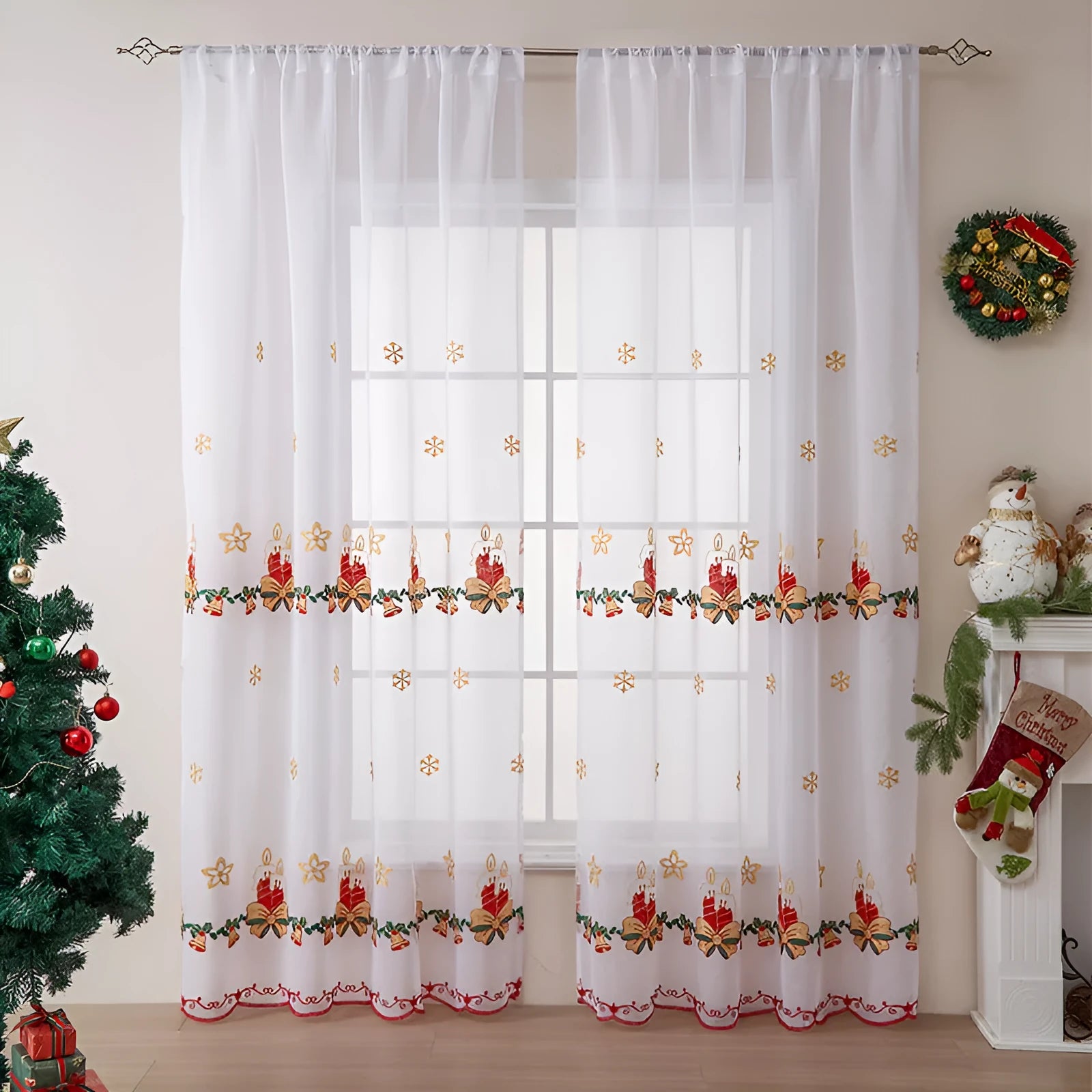 Pair of American-style Christmas curtains with snowflake embroidery on polyester fabric