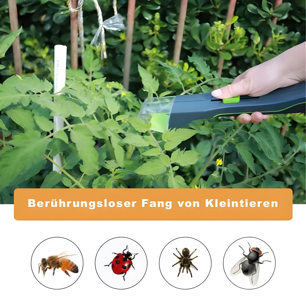 Green plastic handheld insect catcher for garden and lawn pest control.