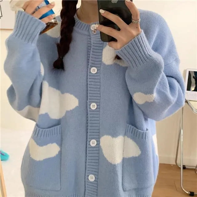 Women's loose blue cloud pattern cardigan sweater coat with long sleeves