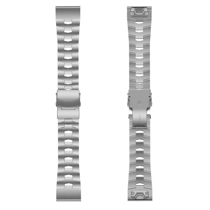Jiaming Garmin Fenix replacement watch strap in black, silver, titanium colour, showing 22mm and 26mm width options.