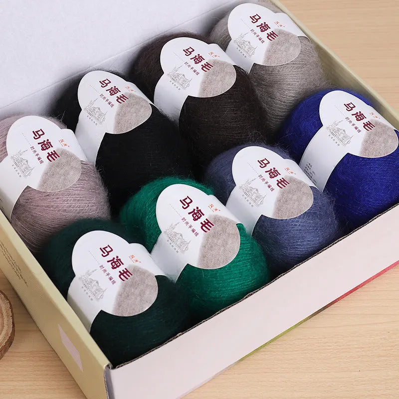 Mohair scarf DIY kit with wool ball and Inverness thread for hand-weaving, showing multiple colour options