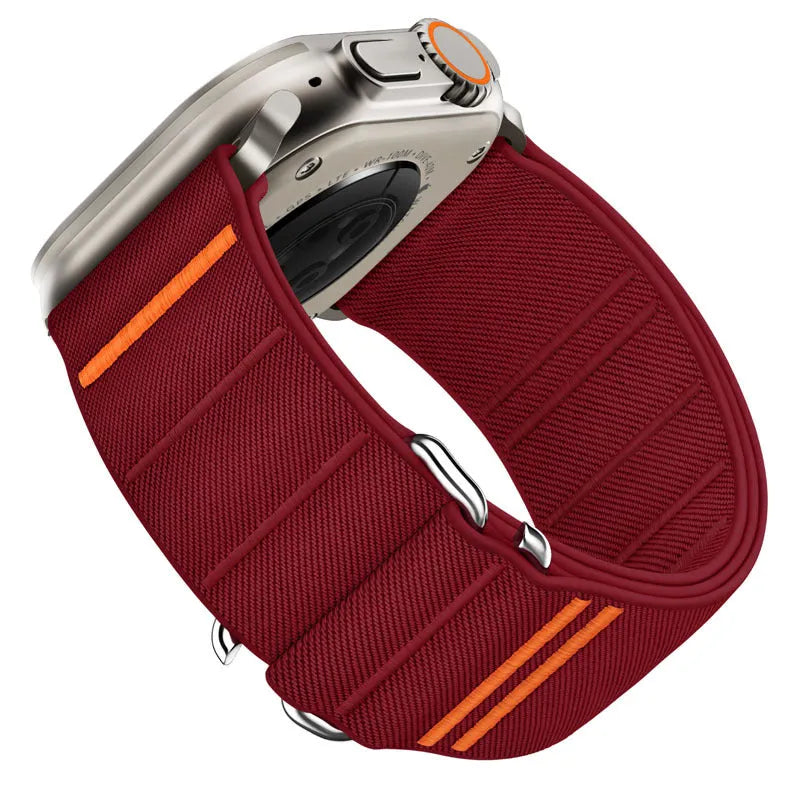 Elastic nylon Apple Watch replacement strap with stainless steel buckle in army green colour