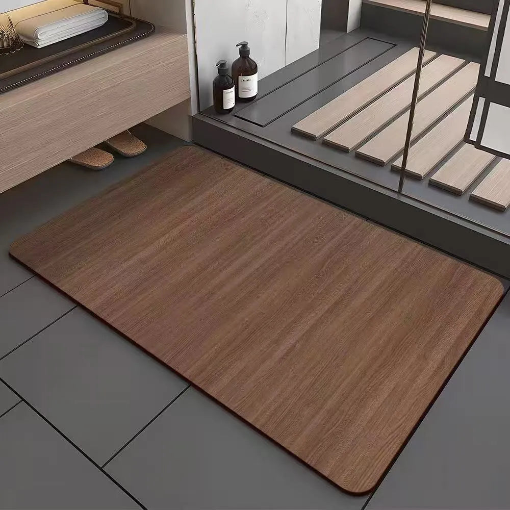 Square diatom ooze floor mat with geometric wood grain pattern in a shower room setting