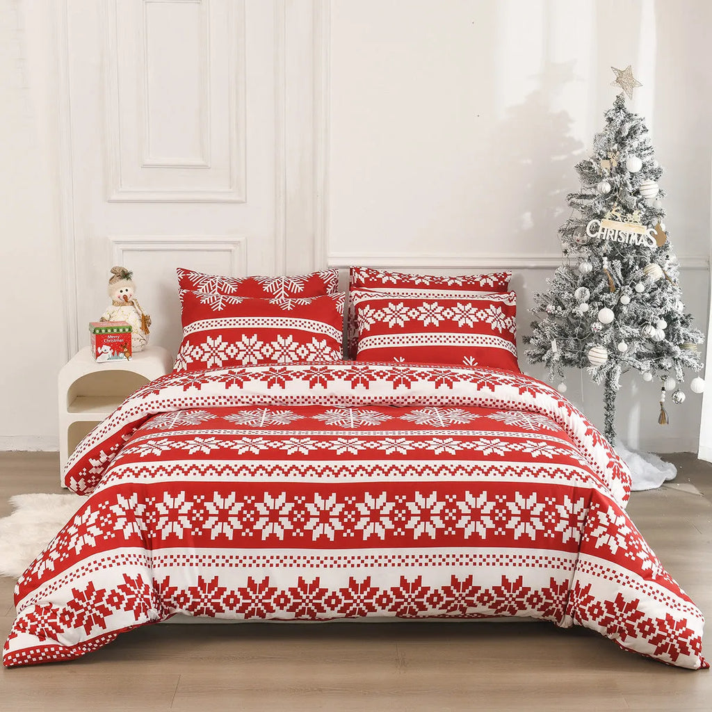Red winter sleepers pattern bed three-piece set with Christmas Love Song design on chemical fibre fabric
