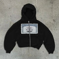 Loose fit unisex hoodie jacket with zip-up front, zippered pockets, and letter pattern design in black colour