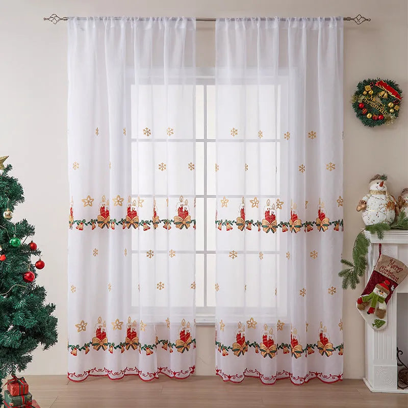 Pair of American-style Christmas curtains with snowflake embroidery on polyester fabric