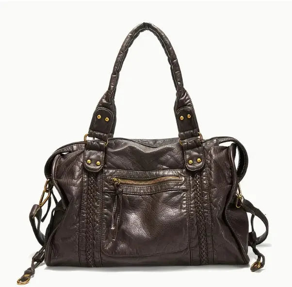 Women's brown retro motorcycle style messenger bag with woven texture and single shoulder strap