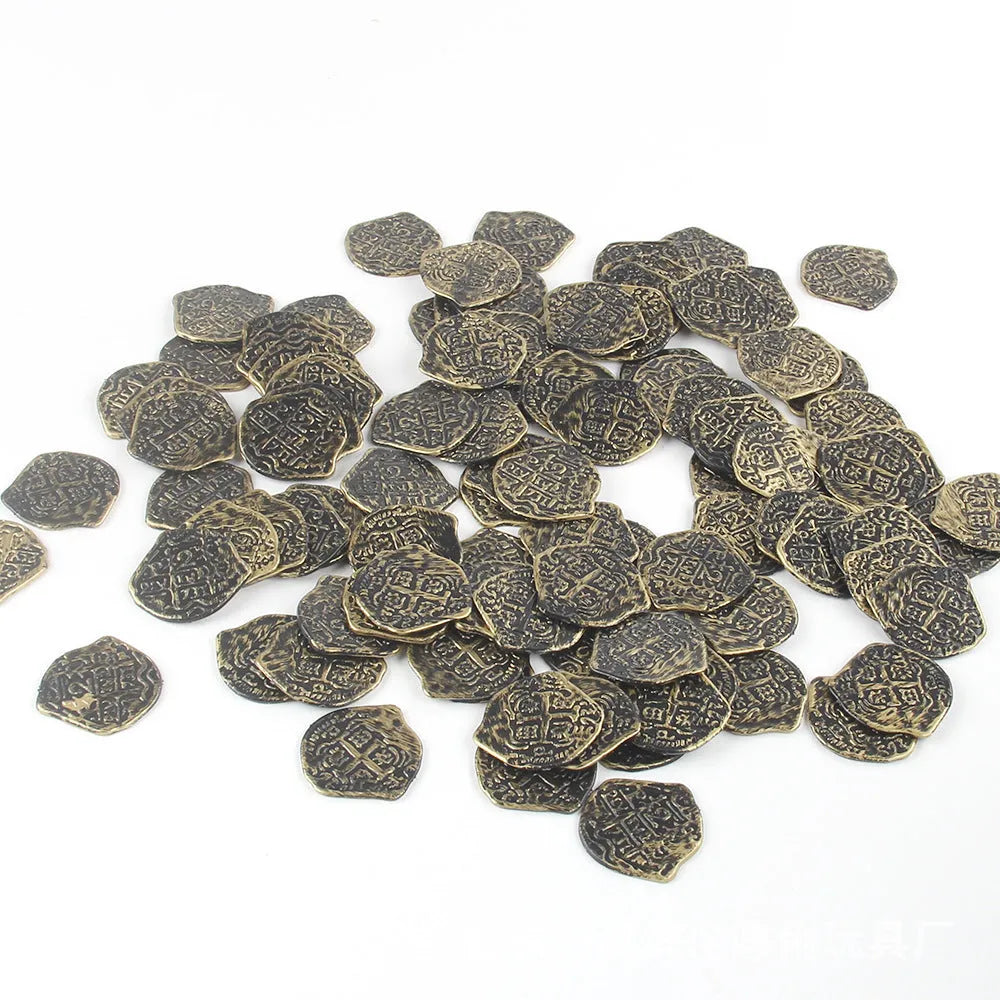 Doli set of 100 electroplated plastic Roman coins in bronze, gold, or silver finish.