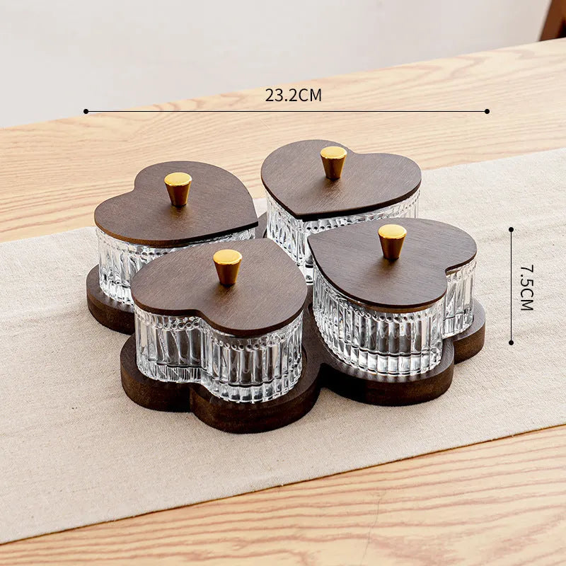 Glass snack platter with coloured glaze and transparent heart-shaped lids in retro style