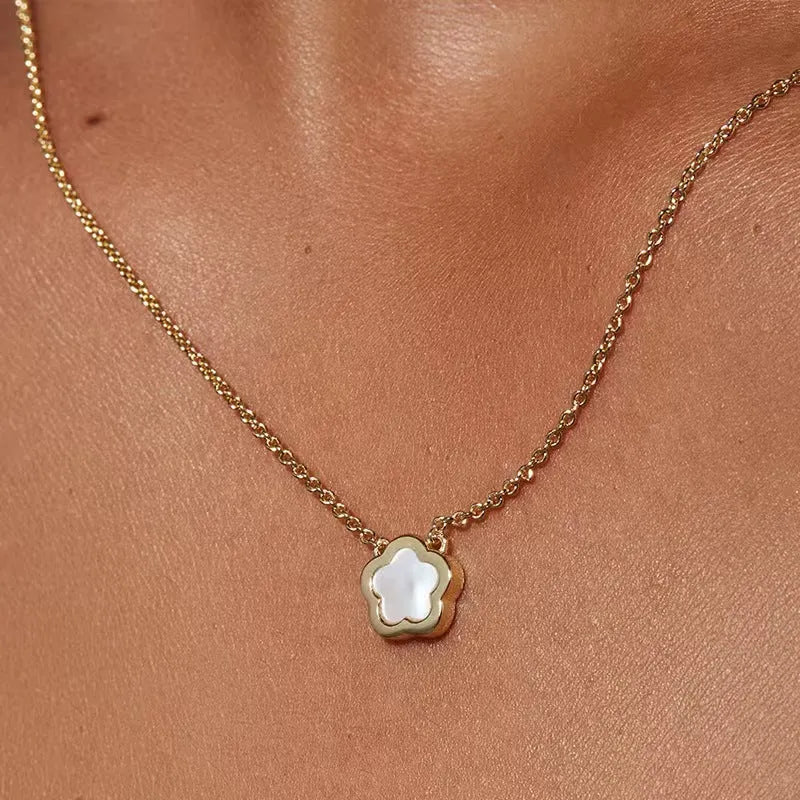 White mother shell flower necklace with copper O-chain in gold or silver option