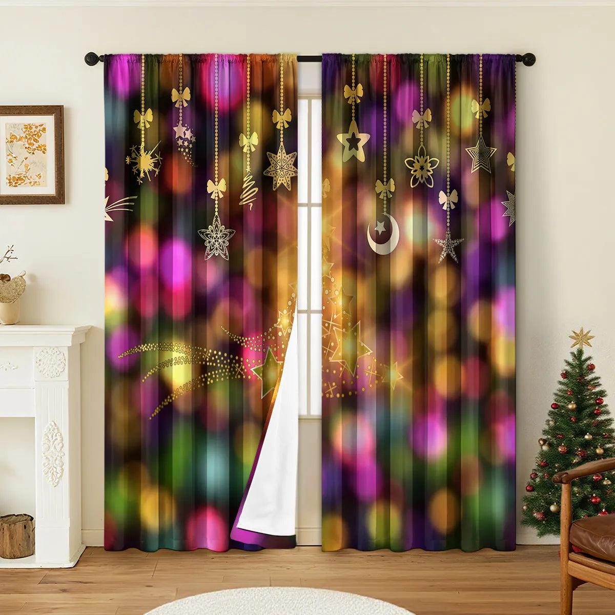 3D digitally printed Christmas curtains pair with European-style festive patterns on polyester fabric