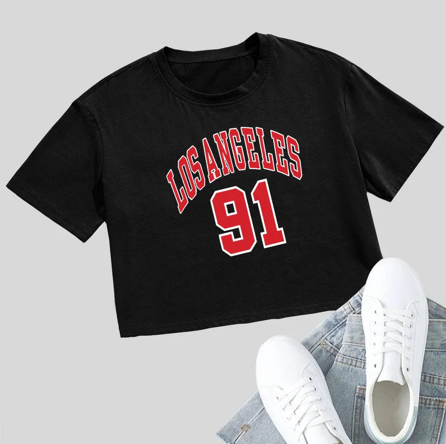Women's black cropped cotton t-shirt with white personalised English letter print, loose fit, short sleeves.
