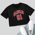Women's black cropped cotton t-shirt with white personalised English letter print, loose fit, short sleeves.