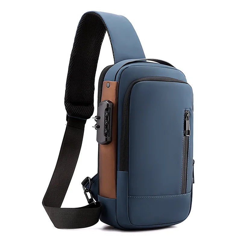 Anti-theft men's crossbody chest bag, nylon, 25 inch, lock feature, black grey blue black gold