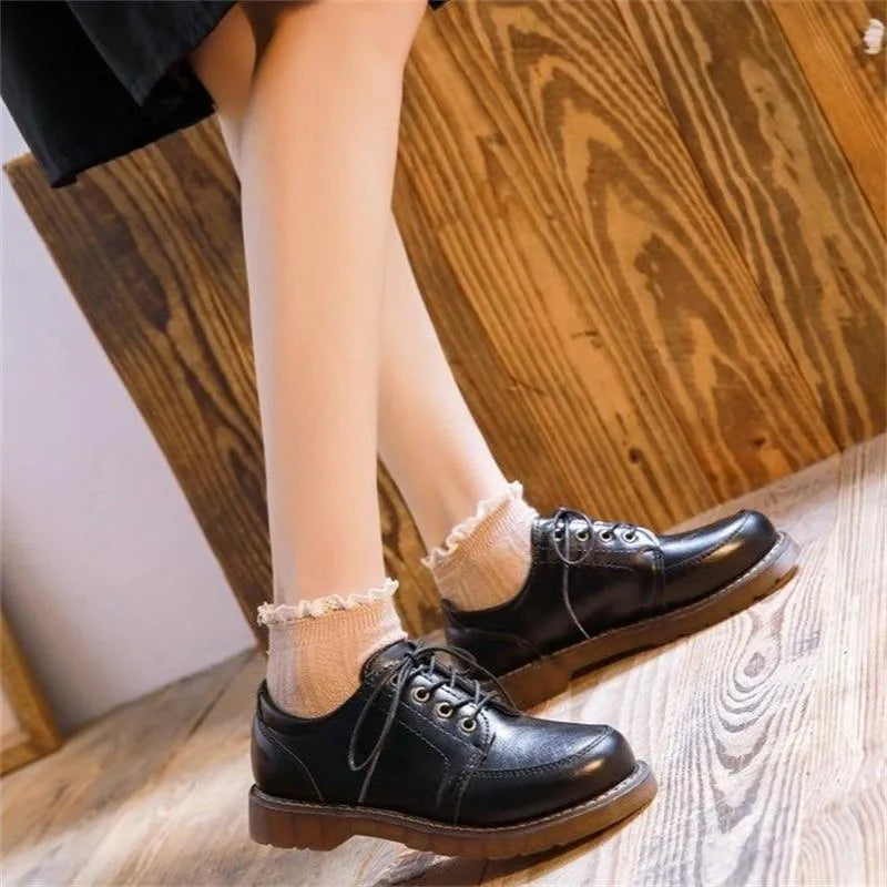 Retro preppy style women's black Mary Jane shoes with square low heel and round toe