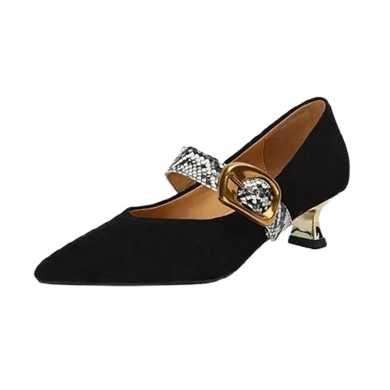 Black women's stiletto high heel shoes with pointed toe and buckle fastening