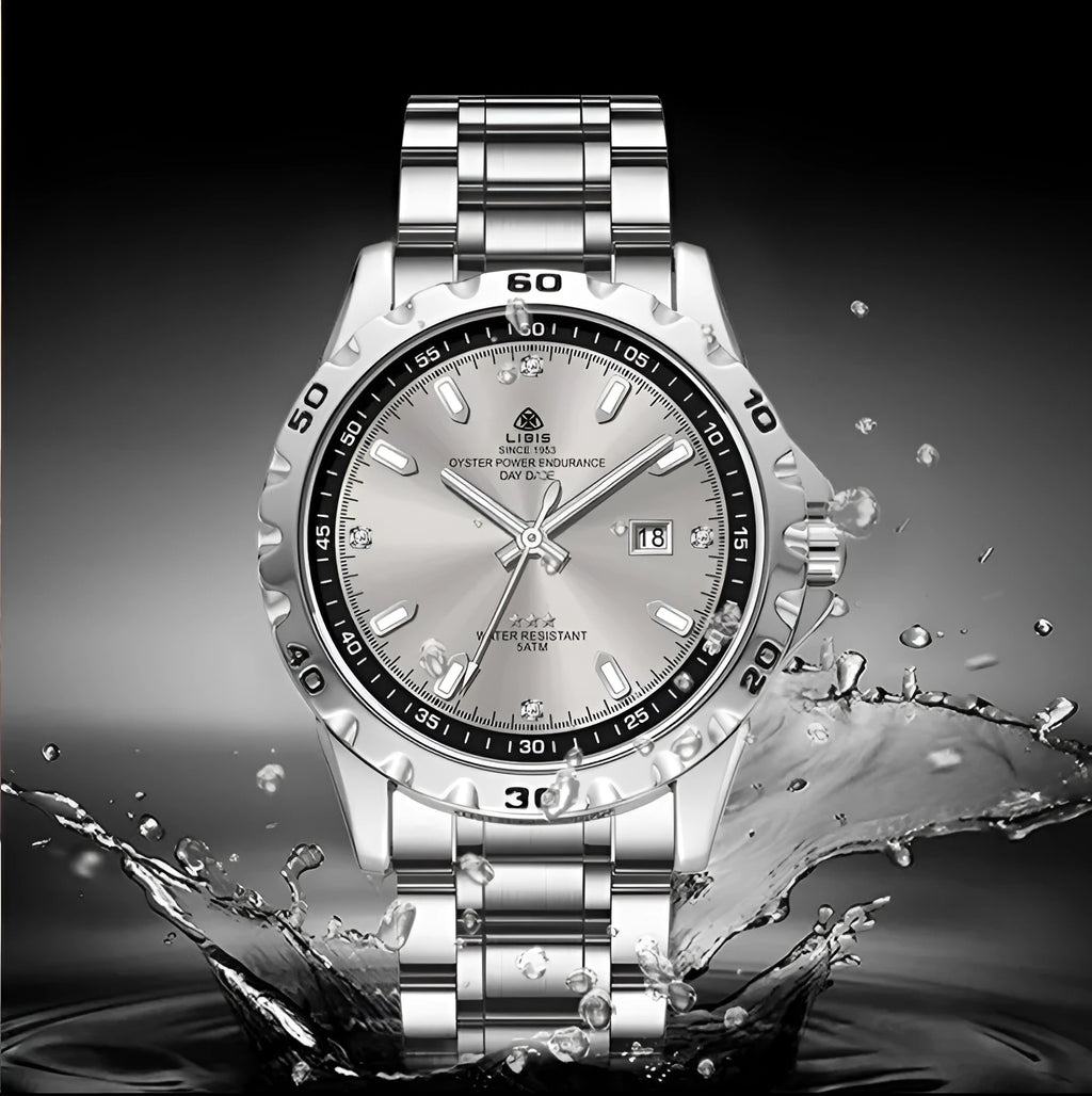 Men's silver case quartz watch with luminous hands and stainless steel strap in business style
