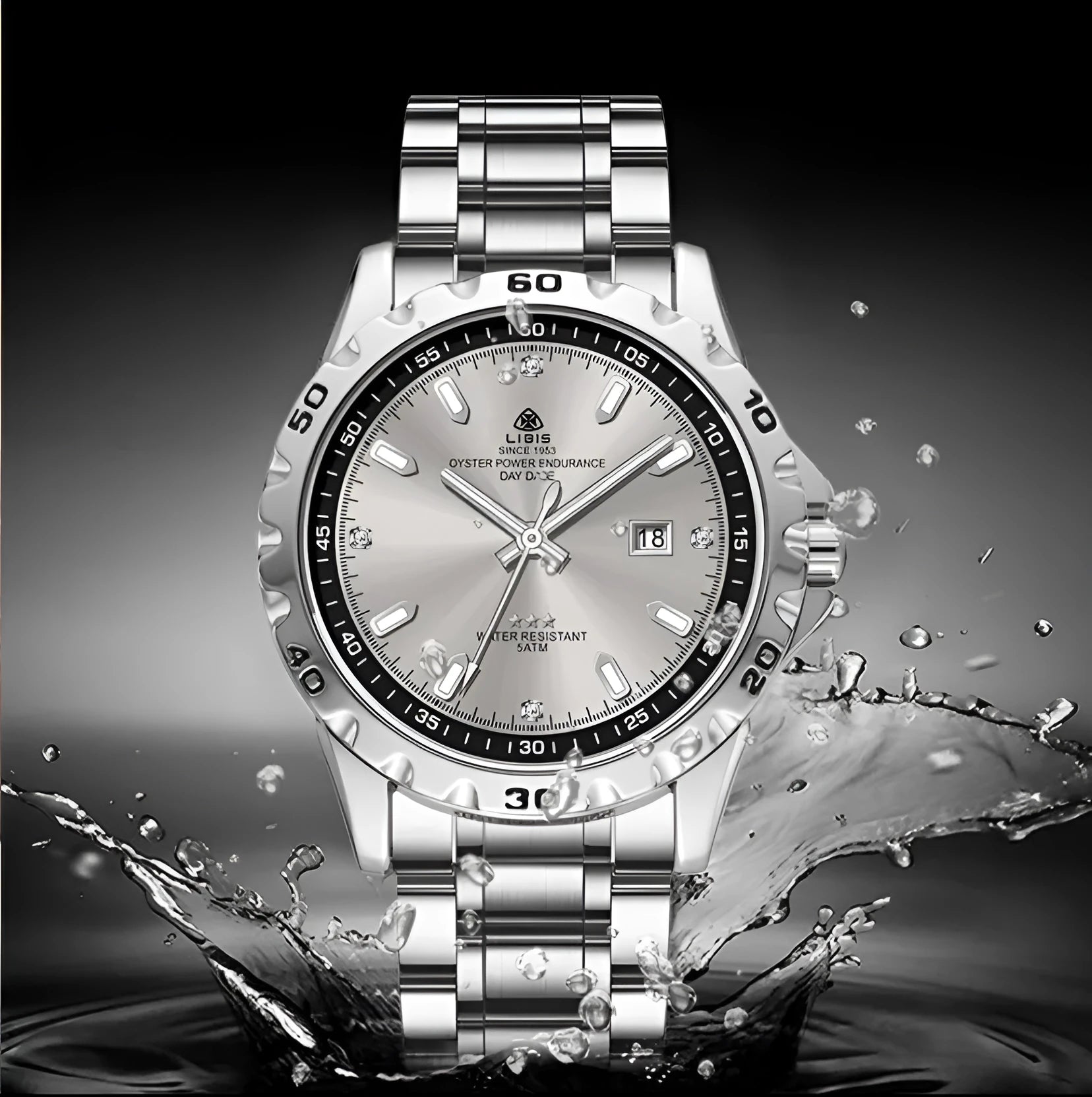 Men's silver case quartz watch with luminous hands and stainless steel strap in business style