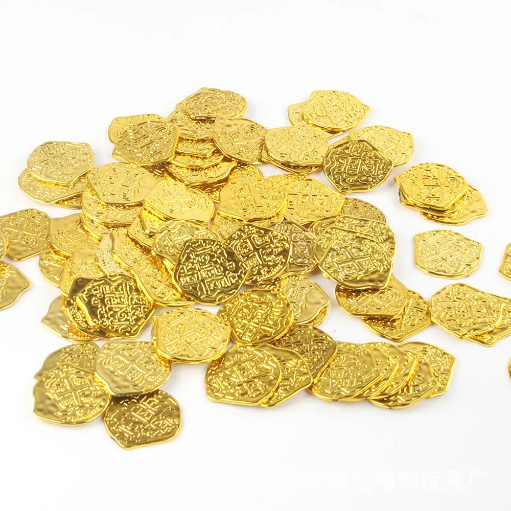 Doli set of 100 electroplated plastic Roman coins in bronze, gold, or silver finish.