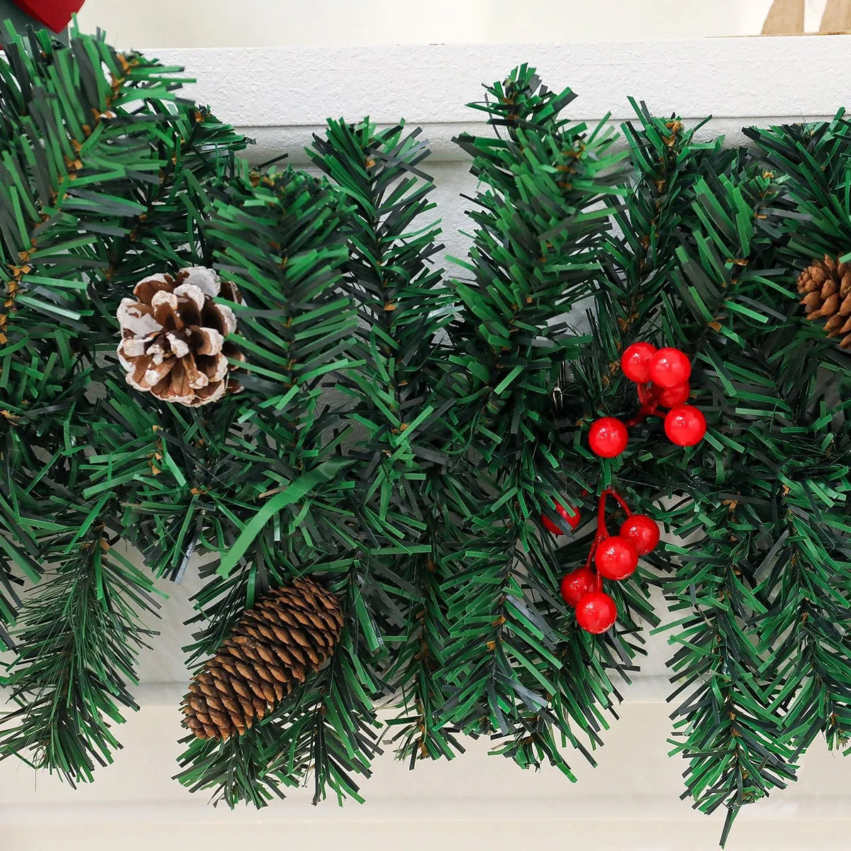 European-style Christmas rattan pine cone bow decoration with optional lighting on display surface