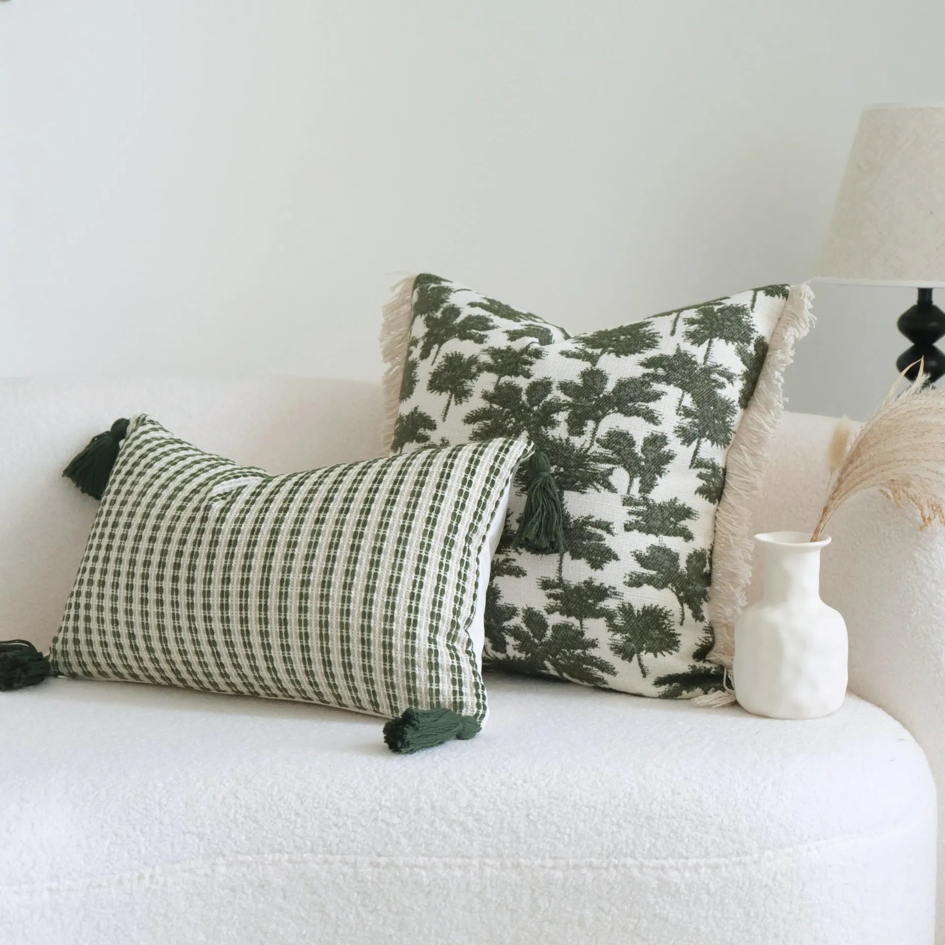 Green cotton linen hotel sample pillow with tassel decoration and silk floss filling