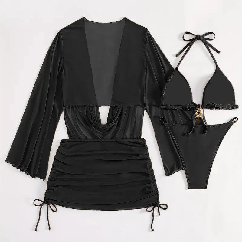 Women's European style blouse lace-up bikini swimsuit in dark brown or black with backless design