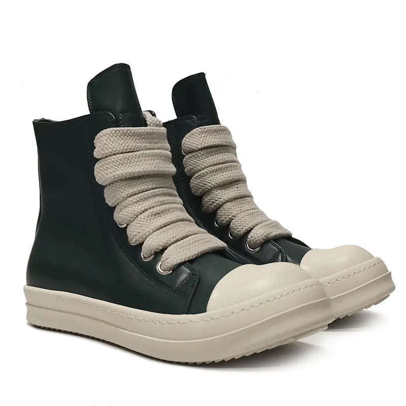 Men's black high-top leather sneakers with side zip, platform sole, and visible stitching details.