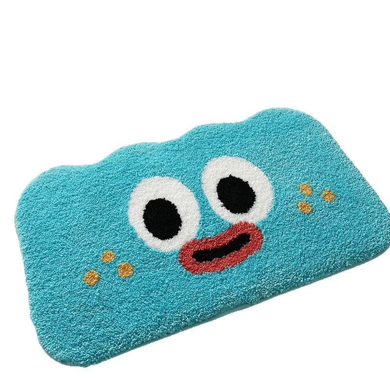 Cartoon anime print bathroom mat with cashmere-like texture on a tiled floor