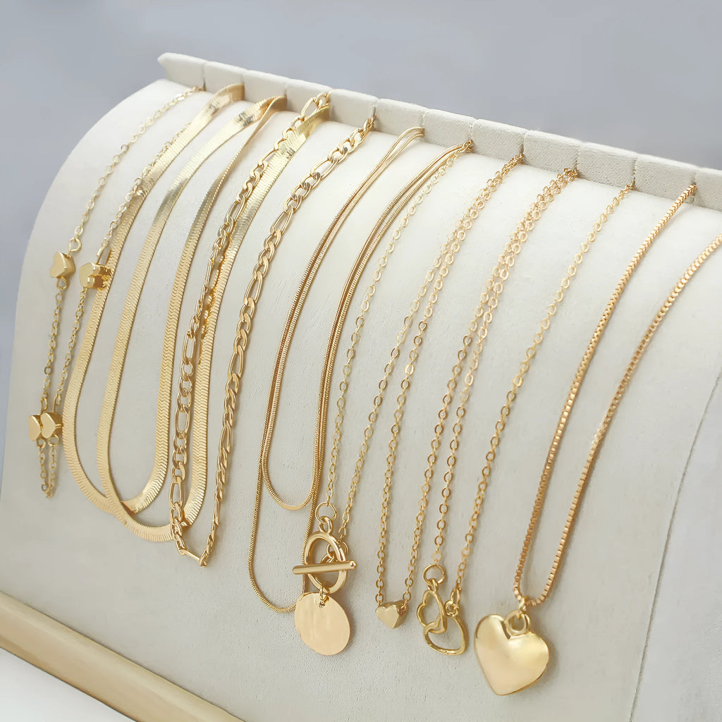 Gold women's necklace set with snake bones chain and adjustable length from 21cm to 50cm
