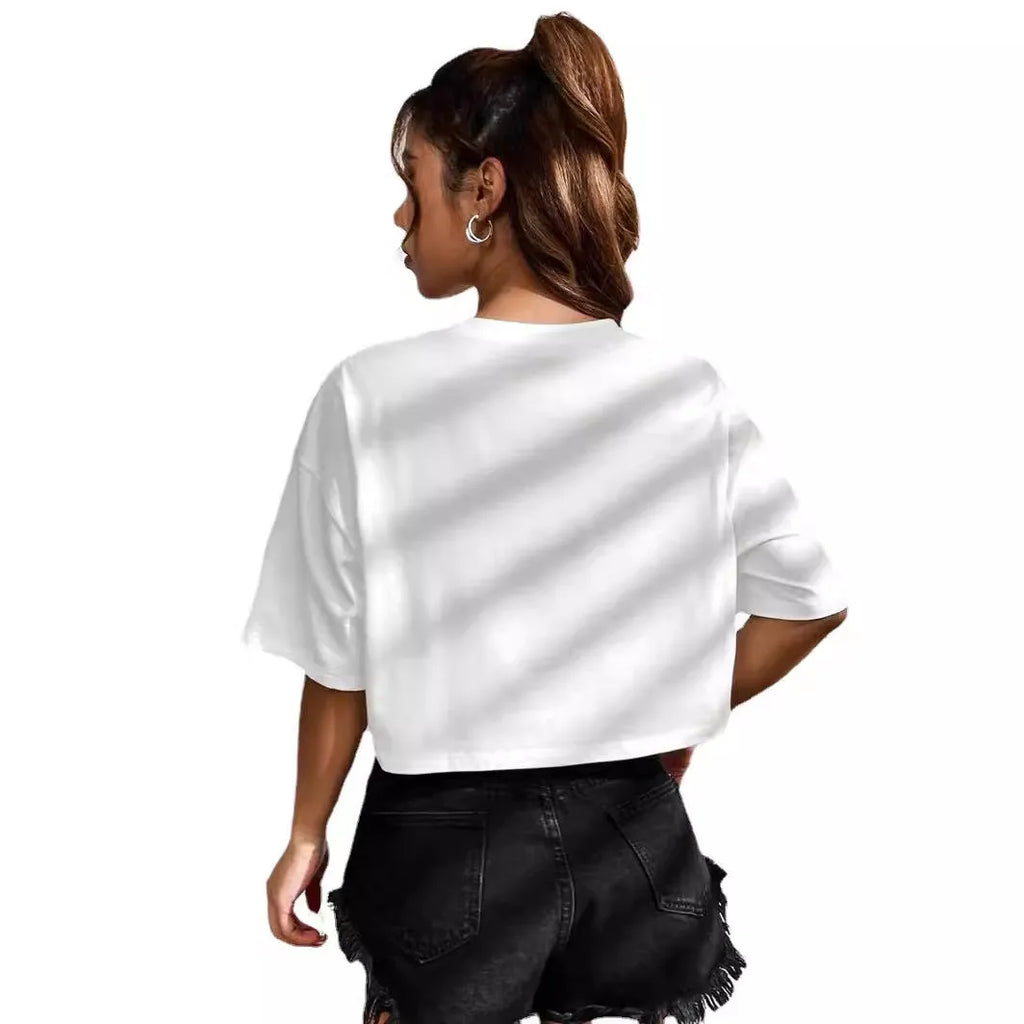 Women's black cropped cotton t-shirt with white personalised English letter print, loose fit, short sleeves.