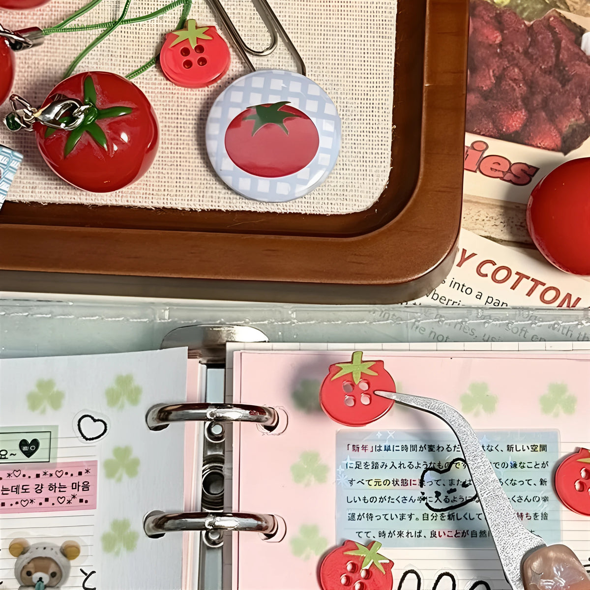 Tomato colour resin ancient early mini simulation button pendant with fabric detail for sewing and craft