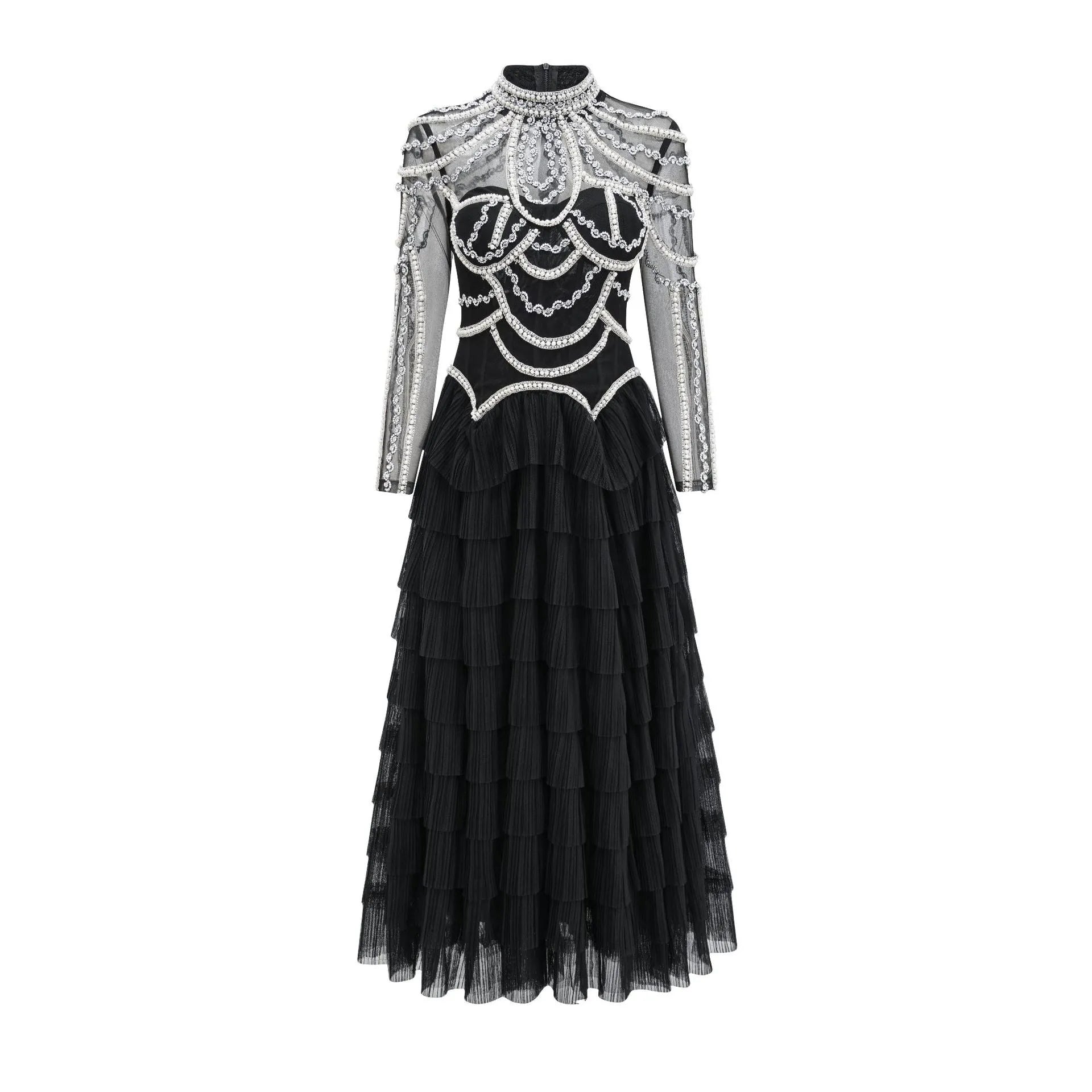 Women's black long sleeve beaded formal dress with mid waist and full-length skirt.