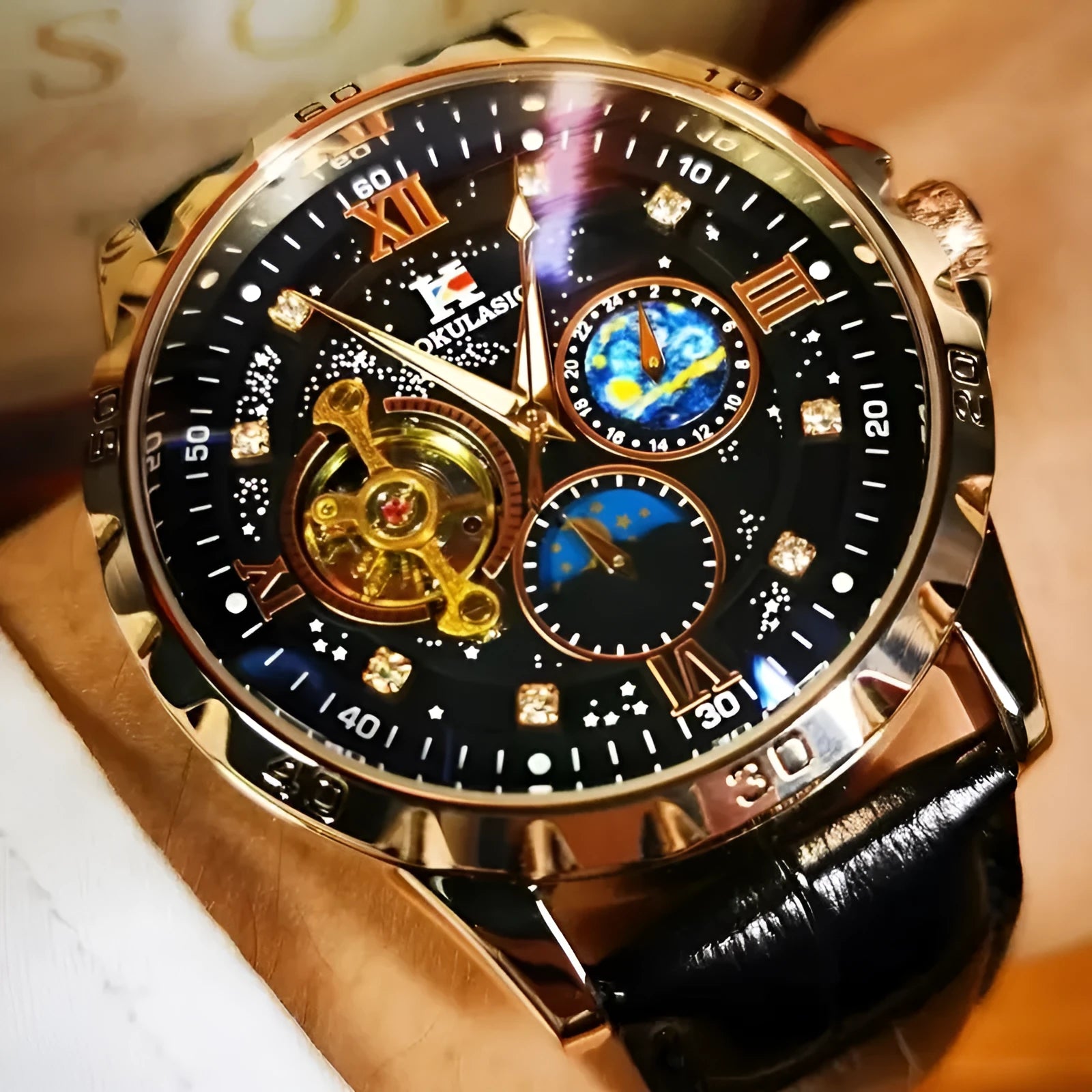 Men's automatic mechanical watch with large hollow black dial and rose gold case