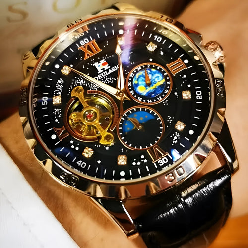 Men's automatic mechanical watch with large hollow black dial and rose gold case