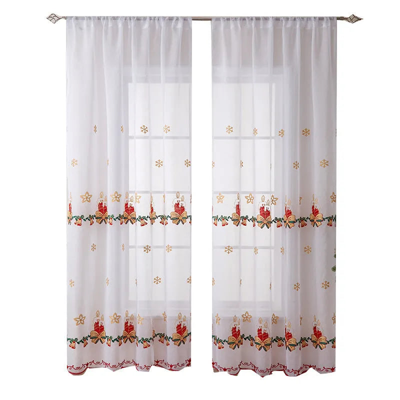 Pair of American-style Christmas curtains with snowflake embroidery on polyester fabric