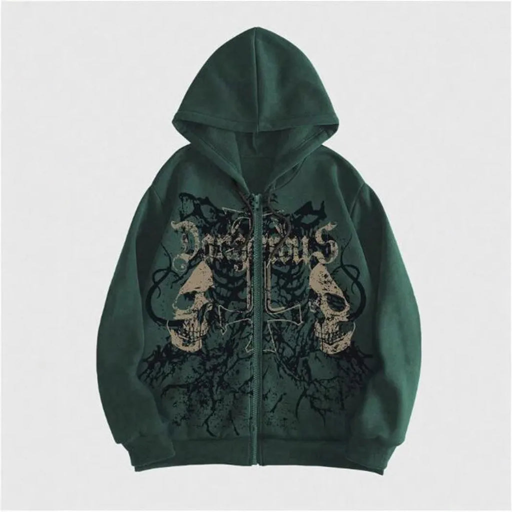 Men's black hooded sweatshirt with skull hot stamp print on front, cotton blend fabric