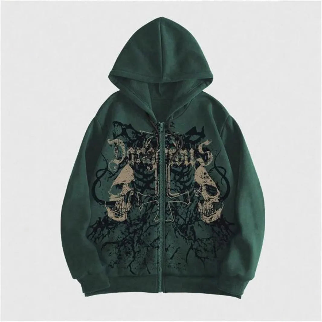 Men's black hooded sweatshirt with skull hot stamp print on front, cotton blend fabric