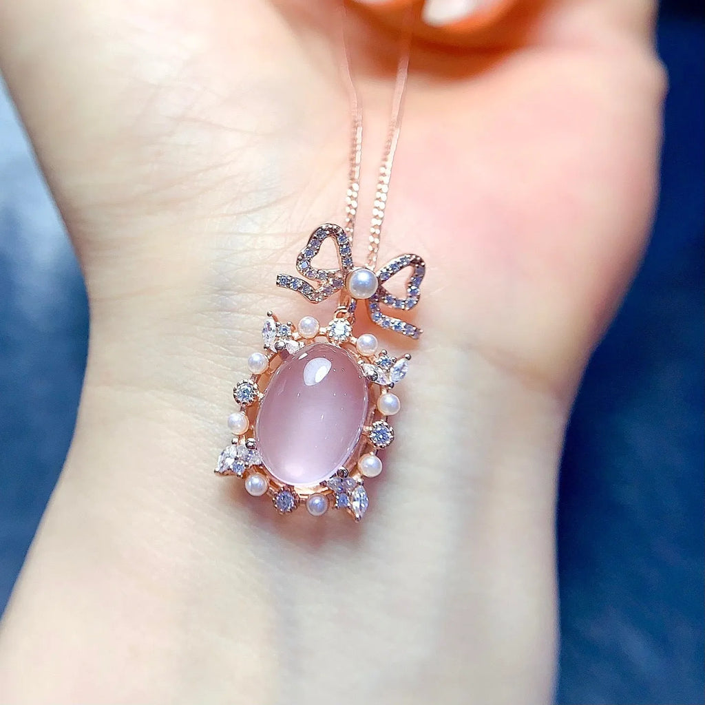 Geometric pendant necklace with pink crystal rose quartz, 925 silver, and rose gold plating