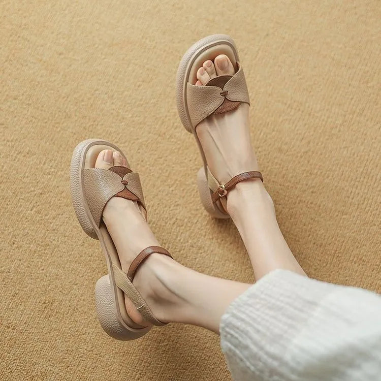 Women's chunky heel platform sandals with open toe in khaki colour