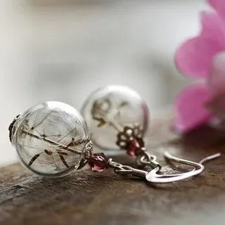 Transparent 16mm glass dandelion seed crystal ball earrings on French hooks