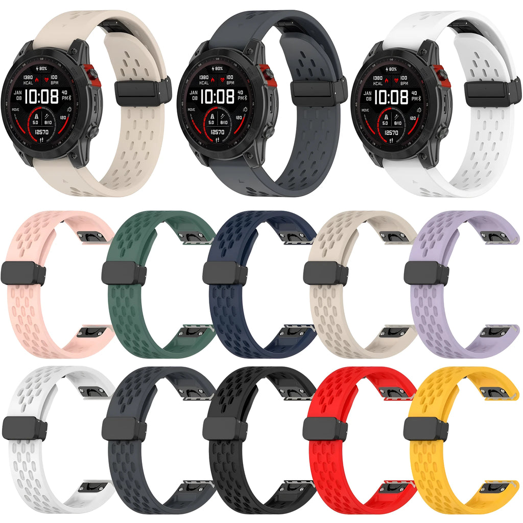 Garmin Fenix quick release replacement watch strap in multiple colours with included screwdriver tool on a white background.