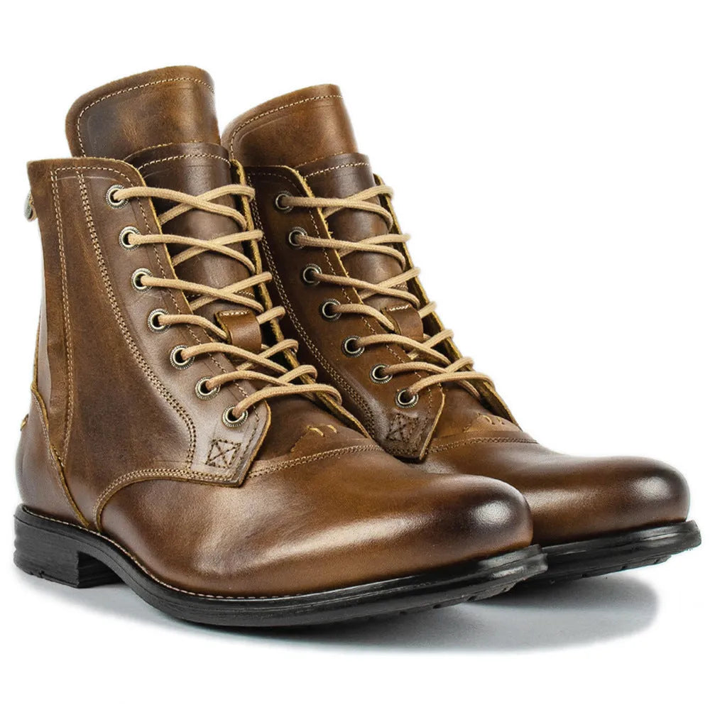 Men's black and brown two-tone leather ankle boots with a side zipper.