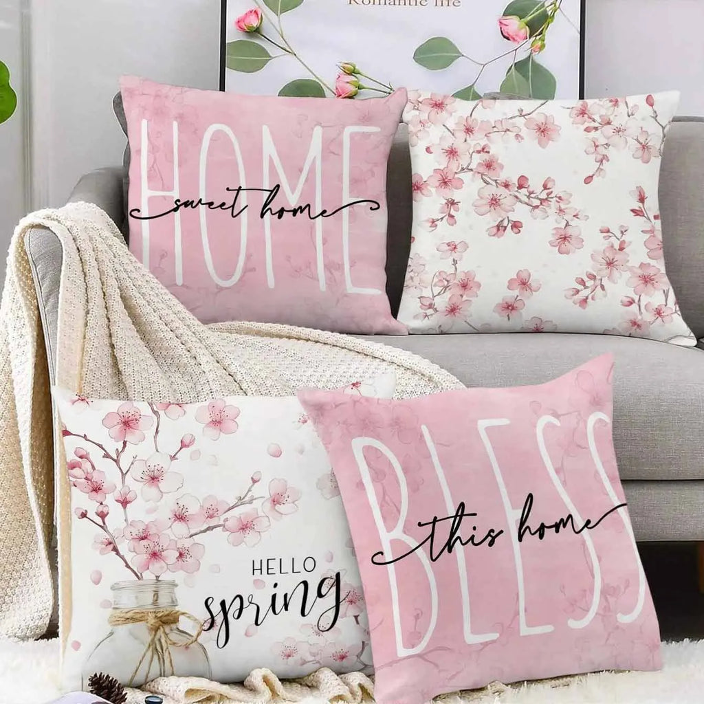 Square cherry blossom letter cushion cover on short velvet fabric, 45x45cm without insert