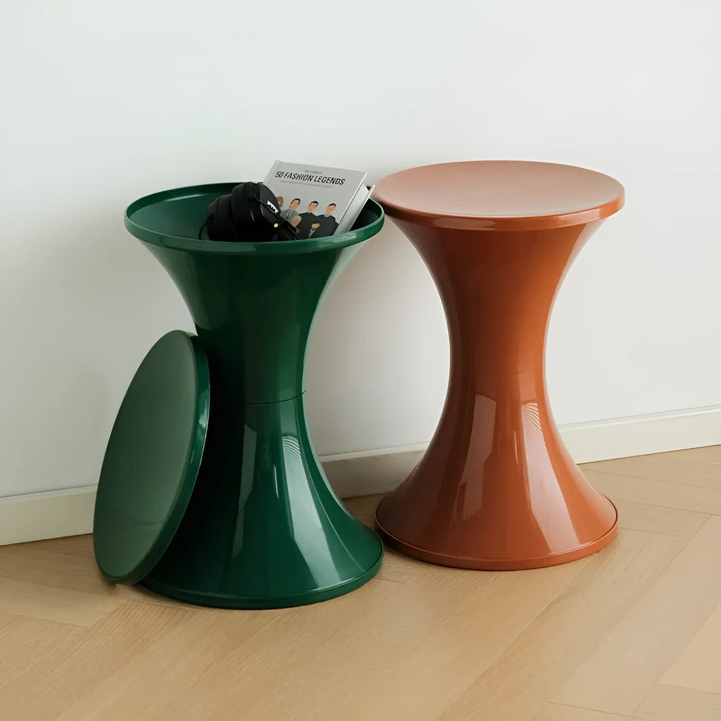 Plastic hourglass-style shoe changing stool shown in one of five colour options.