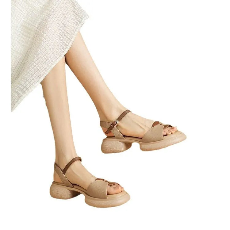 Women's chunky heel platform sandals with open toe in khaki colour