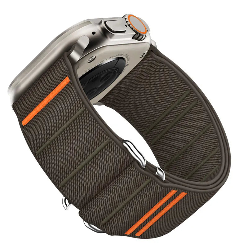 Elastic nylon Apple Watch replacement strap with stainless steel buckle in army green colour