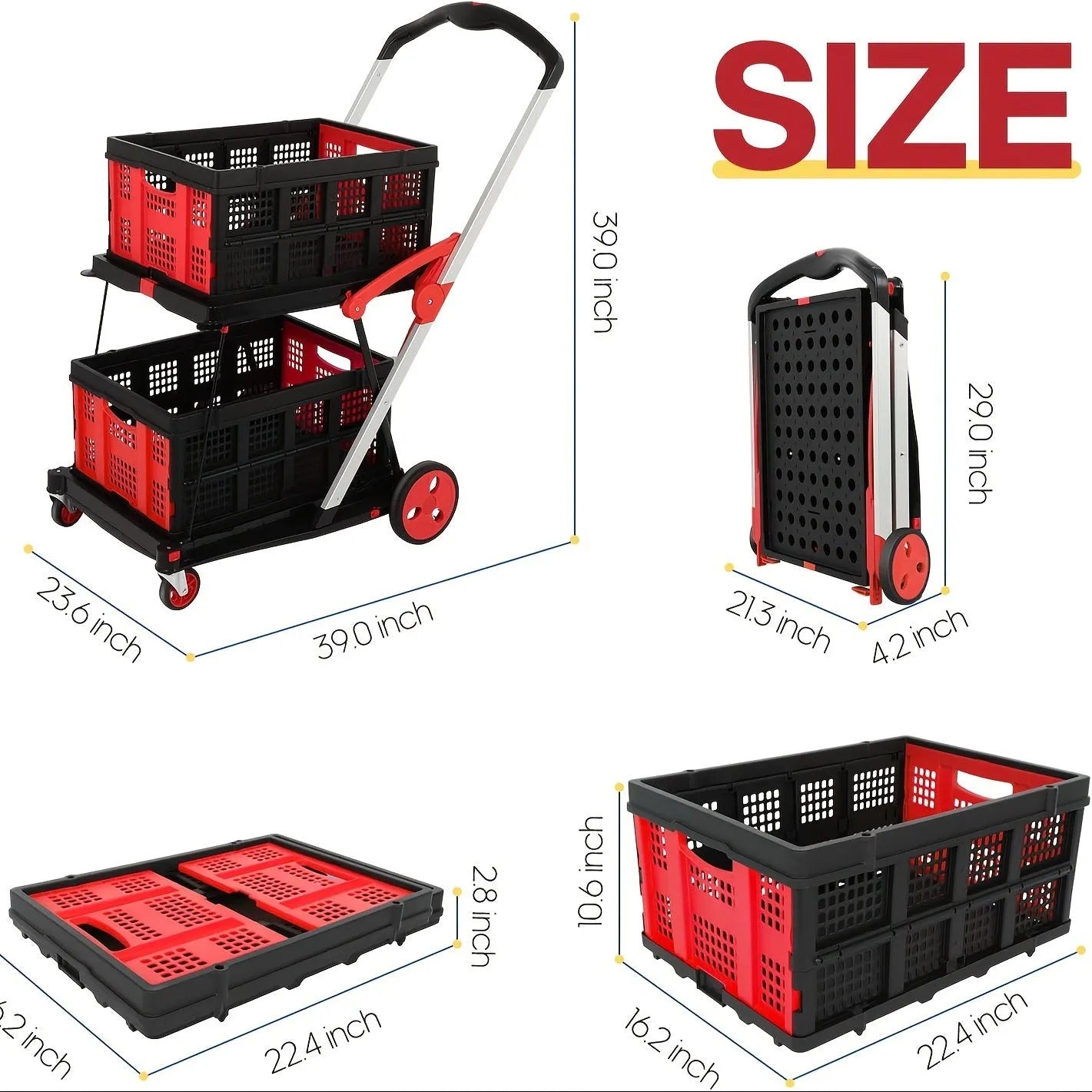 Foldable double basket shopping cart in blue, showing its two-layer design and collapsible frame.