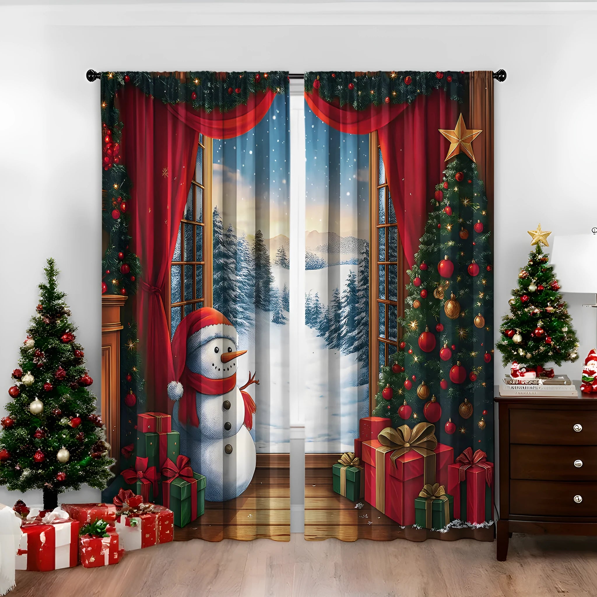 3D digital printed Christmas curtains in European colour designs with high sunshade function