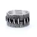 Titanium steel geometric U-shaped double ring in retro black colour, showing stitched design detail.