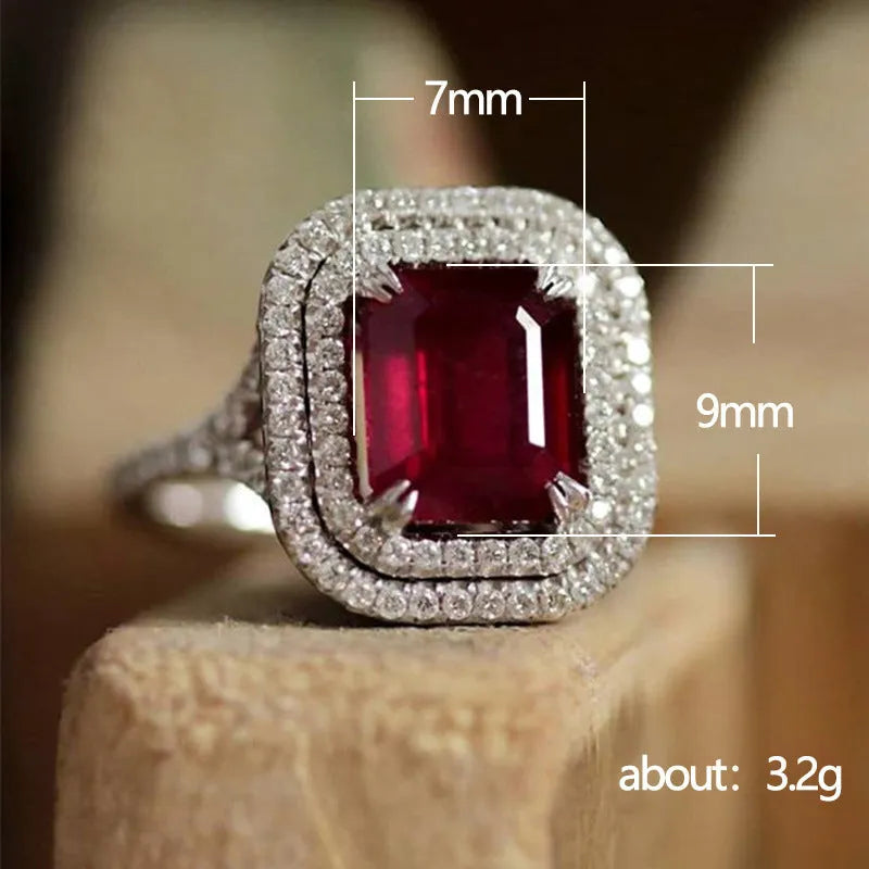 Copper square ring with red princess rhinestone for women, sizes 6-10.
